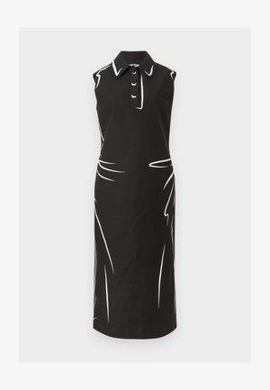 Μαύρο μίντι φόρεμα χωρίς μανίκια με άσπρα αφηρημένα γραμμικά σχέδια, γιακά και τρία μαύρα κουμπιά μπροστά.