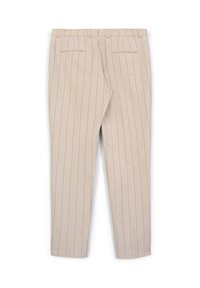 Beige gestreifte Hosen mit glatter Textur, taillierte Passform, Gürtelschlaufen und zwei Gesäßtaschen.