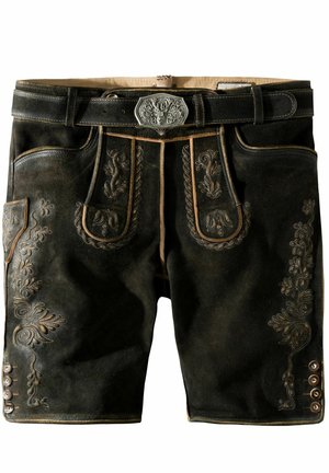 Black leather shorts with decorative silver embroidery, two front pockets, and a button closure on the side. Features a silver belt buckle.