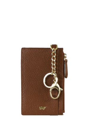 Brown textured wallet with gold hardware, featuring a chain and keyring. Compact rectangle shape with a zip closure and a logo accent.