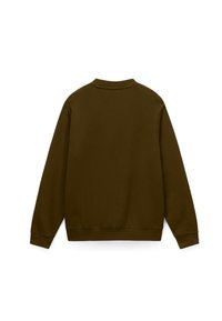 Καφέ φούτερ με άνετη εφαρμογή, ριμπ μανσέτες και τελείωμα, και στρογγυλεμένο λαιμόκοψη. Ομαλή υφή, χωρίς ορατά σχέδια ή διακοσμητικά στοιχεία.