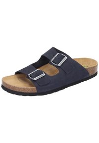Navy blue slide sandal with two adjustable straps, silver buckles, cork footbed, and textured rubber outsole for traction.