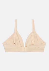 Μπεζ, απαλό τριγωνικό σουτιέν με ρυθμιζόμενους λεπτούς ιμάντες και κλείσιμο με αγκράφα στο μπροστινό μέρος, τοποθετημένο επίπεδα πάνω σε λευκό φόντο.