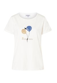 White cotton T-shirt with a round neckline featuring a print of two balloons in blue and gold, and the text "simply happy" in brown.