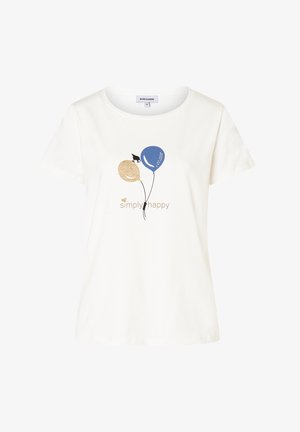 Weißes Baumwoll-T-Shirt mit rundem Ausschnitt, bedruckt mit zwei Luftballons in Blau und Gold sowie dem Text "einfach glücklich" in Braun.
