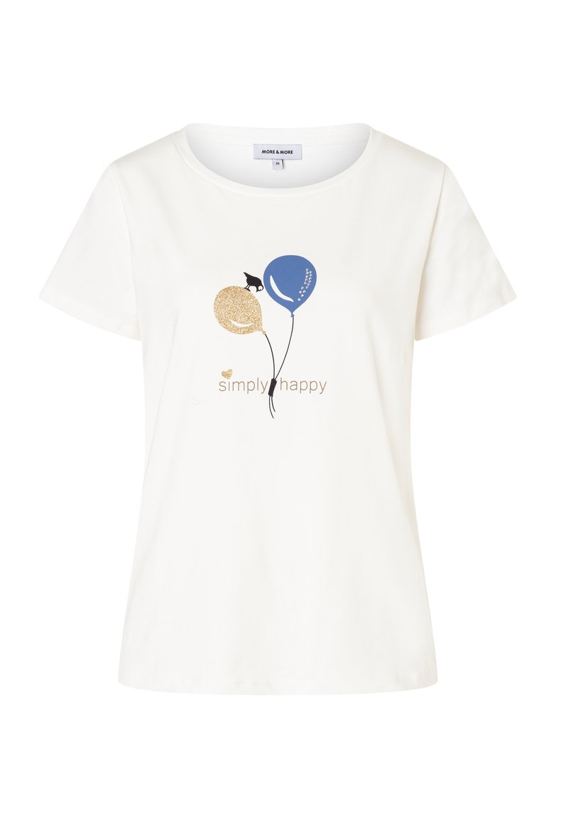 White cotton T-shirt with a round neckline featuring a print of two balloons in blue and gold, and the text "simply happy" in brown.