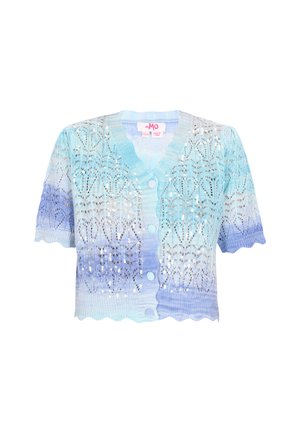 Cardigan tricotat cu un gradient de la albastru deschis la mov, având un tiv ondulat, mâneci scurte și modele asemănătoare dantelă cu aplicații de strasuri.