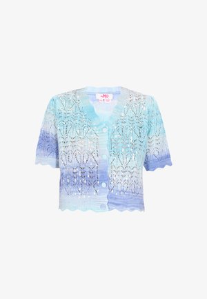 Kootud kardigan, millel on gradient helesinisest lilla, lainelise alläärte, lühikeste varrukate ja pitsilaadsete mustritega, kaunistatud sädelevate sekka-dega.