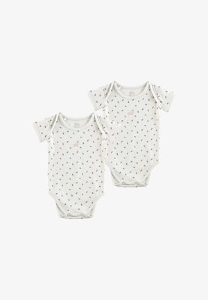 Two short-sleeve onesies in light gray cotton with green leaf patterns and a small animal graphic on the chest; snap closures at the bottom.