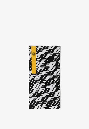 Buff neck gaiter with a white base, featuring repeated black text and a yellow accent band with the Buff logo. Soft, stretchy fabric.