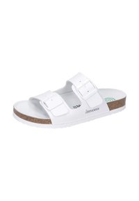 Sandales blanches avec deux sangles réglables, semelle intérieure en liège et semelle en caoutchouc. Tige synthétique lisse avec un design minimaliste.