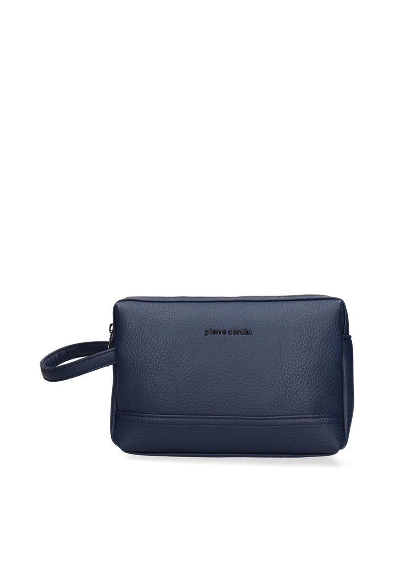 Borsa da toiletta in pelle testurizzata blu navy con cinturino da polso e "pierre cardin" impresso al centro davanti.