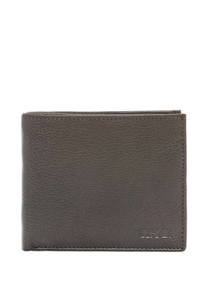 Ciemnobrązowy skórzany portfel dwuczęściowy z widoczną teksturą ziarna i wytłoczonym nazwą marki w prawym dolnym rogu.