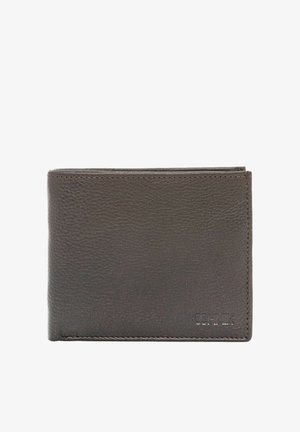 Ciemnobrązowy skórzany portfel dwuczęściowy z widoczną teksturą ziarna i wytłoczonym nazwą marki w prawym dolnym rogu.