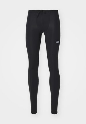 Black athletic leggings made of stretchy material, featuring a drawstring waistband and a small logo on the left thigh.
