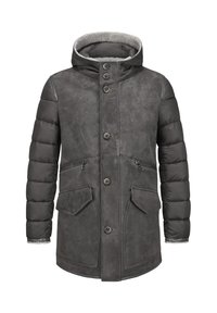 Grauer Puffer-Mantel mit lederartiger Textur, ausgestattet mit Kapuze, fünf vorderen Knöpfen, zwei Reißverschlusstaschen sowie einem fleecegefütterten Kragen und Bündchen.