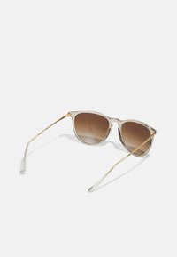 Clear frame sunglasses with gradient brown lenses. Gold-toned metal accents on arms. Sleek cat-eye design. Transparent tips at temples.