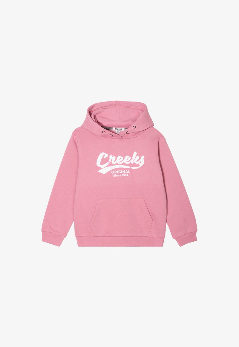 Sudadera con capucha rosa y bolsillo frontal, con un gráfico en blanco que dice "Creeks ORIGINAL Desde 1974". Fabricada en un tejido suave con puños de canalé.
