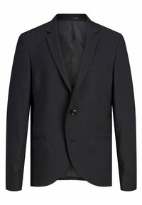 Černý spolkový blazer s jedním knoflíkem, klopovými límci a náprsní kapsou. Hladká textura a klasický střih.