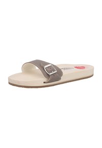 Brown leather slide sandal with a silver buckle, wooden footbed, and textured outsole. Features a simple, open-toe design.