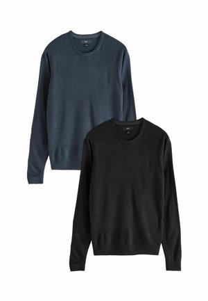 Two crewneck sweaters, one in dark blue and one in black. Both are made from soft fabric with ribbed cuffs and hems.
