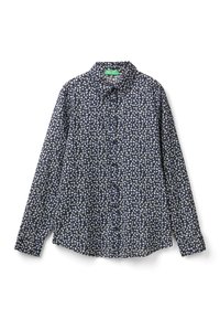 Mörkblå långärmad skjorta med knappar, vit blommönster, krage och rak fåll. Tillverkad av lätt, texturerad tyg.