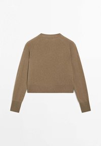 Brun kort tröja med rund hals, långa raglanärmar och ribbade mudd, tillverkad av ett mjukt, strukturerat material.