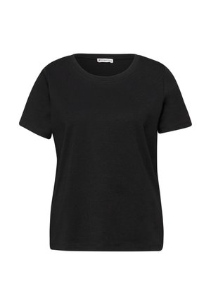Camiseta negra de manga corta con cuello redondo, corte holgado y una pequeña etiqueta blanca en el interior del cuello.