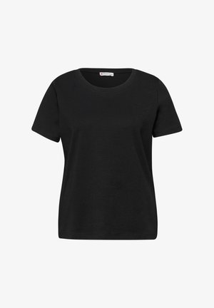 T-shirt noir à manches courtes avec col rond, coupe décontractée et une petite étiquette blanche à l'intérieur de l'encolure.