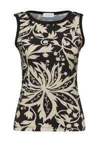 Haut noir sans manches avec un grand motif floral beige et feuillu, encolure ronde et petites fermetures éclair sur les coutures des épaules.