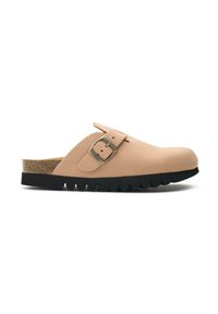 Beige suede clog with a side buckle, black rubber sole, and serrated edges. Features a light brown cork insole.