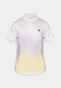 White polo shirt featuring a yellow gradient at the bottom, a classic collar, and a small black bird logo on the left chest.