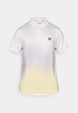 Witte polo met een gele verloop aan de onderkant, een klassieke kraag en een klein zwart vogellogo op de linkerkant van de borst.