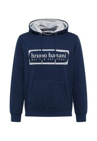 Dunkelblaues Kapuzensweatshirt mit grauem Innenfutter, vordere Kängurutasche und einem weißen Logodruck mit dem Text "bruno banani NICHT FÜR JEDEN."