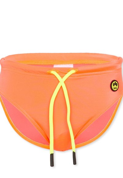 Maillot de bain slip orange vif avec cordon jaune et petit logo rond sur le côté droit.