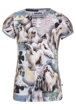 Chemise à manches courtes arborant un collage de différentes races de chiens sur un fond texturé et coloré. Fabriquée en tissu doux et extensible avec une bordure grise.