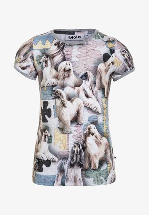 Short-sleeve shirt featuring a collage of various dog breeds on a textured, colorful background. Made from soft, stretchy fabric with a gray trim.