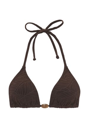 Brauner Bikini-Oberteil mit dreieckiger Form, Blattmuster-Struktur, gebundenen Trägern und einem dekorativen Akzent in der Mitte.