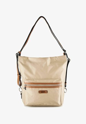 Borsa a tracolla beige con tasca frontale con cerniera, rifiniture marroni e cinturini regolabili neri e marroni, mostrata su sfondo bianco.