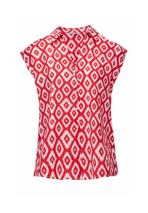 Blusa sin mangas roja y blanca con botones, con patrón geométrico de diamantes y un pequeño cuello.