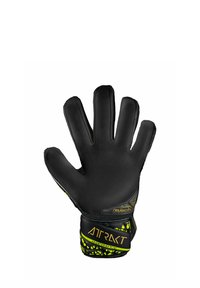 Guanto da portiere con palmo e dorso in lattice nero, cinturino da polso giallo testurizzato e accenti a motivo geometrico.