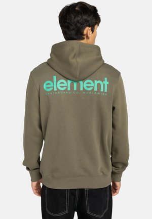 Olive green hoodie with a large turquoise "element" logo on the back. Features a drawstring hood and stretchy cuffs for comfort.