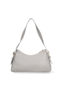 Borsa in pelle grigia con silhouette curvata, tracolla regolabile, dettagli in hardware dorato e finitura testurizzata. Chiusura superiore con zip.