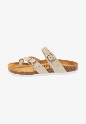 Beige sandals with dual adjustable straps, gold-tone buckles, cork footbed, and white rubber sole. Smooth matte texture with minimalist design.