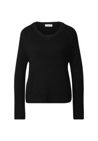 Maglione nero a maglia con scollo a V, maniche lunghe e bordi a coste. La texture appare morbida e spessa, adatta per un abbigliamento informale.