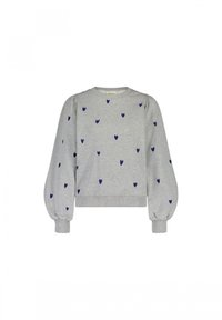 Světle šedá mikina s dlouhým rukávem, volnými rukávy a rozptýlenými malými tmavě modrými srdíčky.
