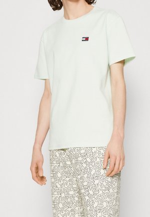 Hellgrünes Baumwoll-T-Shirt mit Rundhalsausschnitt und kurzen Ärmeln. Verfügt über ein kleines gesticktes Logo in Rot und Schwarz.