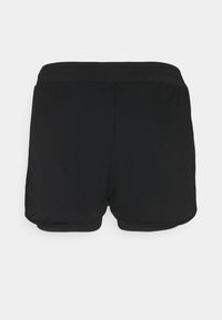 Svarta sportshorts i lätt, andningsbar tyg. Har resårmidja och en slät, strukturerad yta.