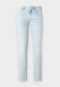 Ljusblå jeans av denim med slim fit, fem fickor och en urtvättad finish. Har en klassisk knappgylf och kontrasterande sömmar.