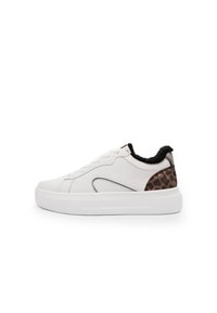 White leather sneakers with a textured, leopard-patterned side panel, black faux fur collar, and a thick white rubber sole.